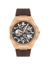 Lee Cooper Men's Automatic Skeleton Watch Gun Dial With Dark Brown Leather Strap,LC07978.454